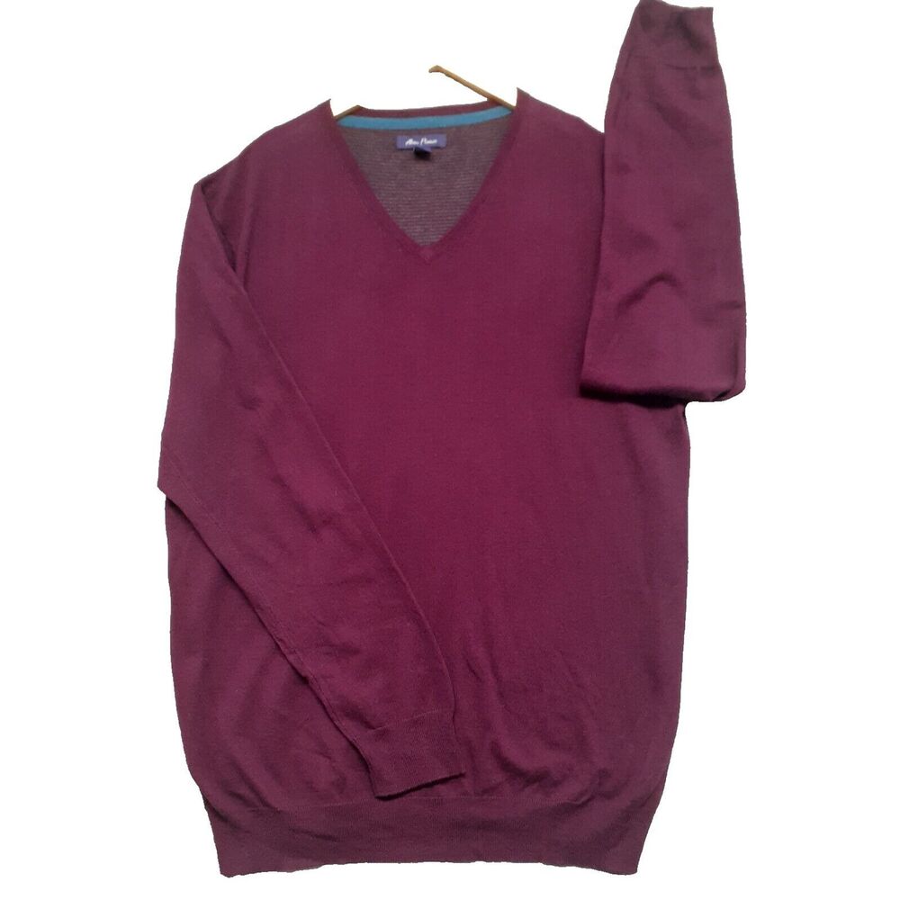 Alan Flusser Mens XL Burgundy Purple V Neck Cotton Cashmere Blend Sweater Preppy